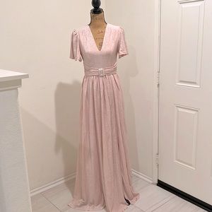 Embellished Sparkle mauve v neck pleated slit front puff sleeve maxi dress
